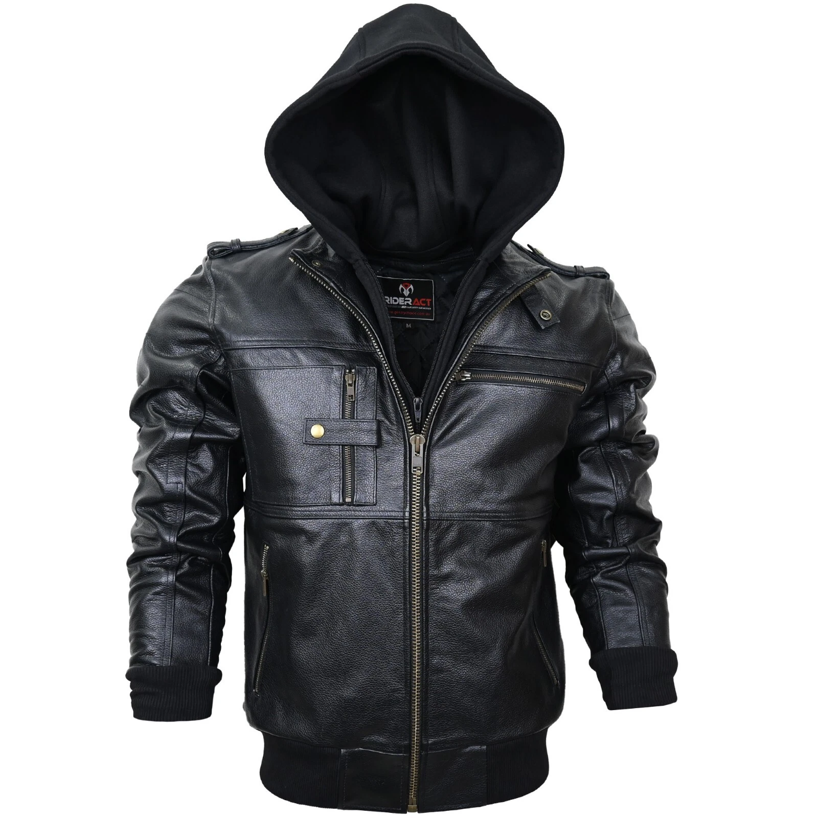 RIDERACT® Motorcycle Leather Jacket Black with Hood Men