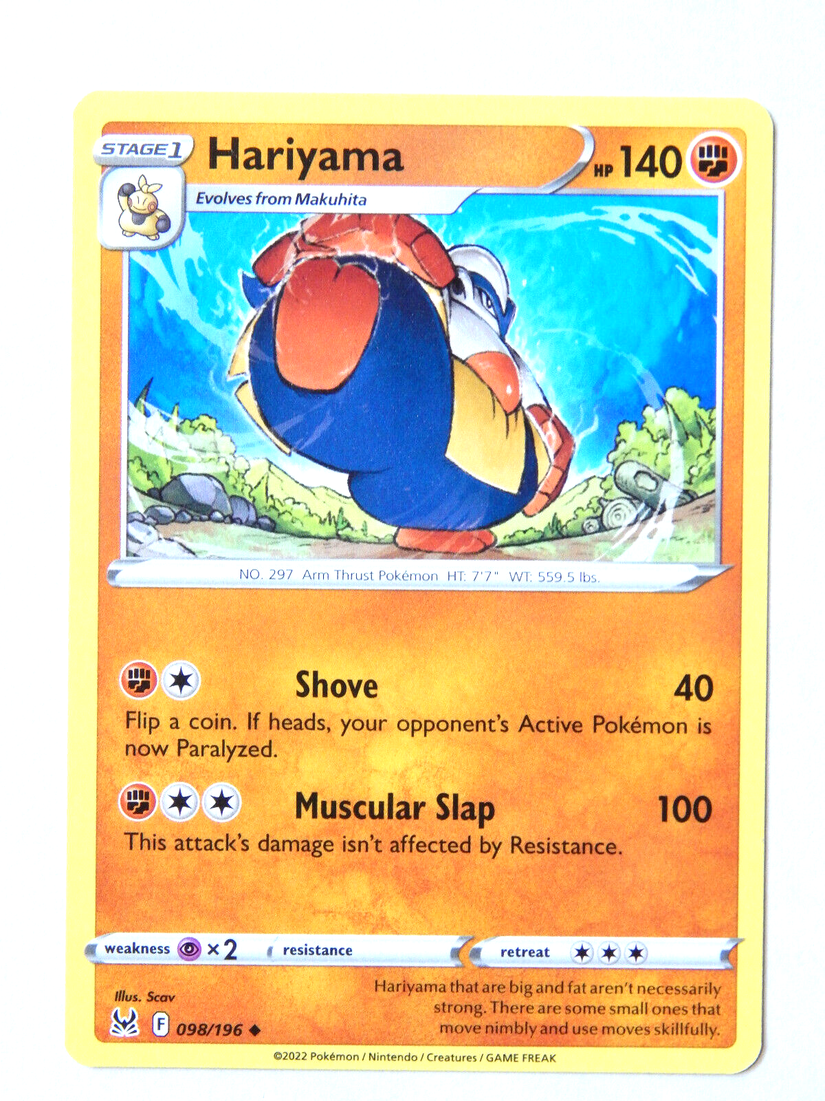 Hariyama 098/196 (NM, Pokemon Card, Lost Origin, 2022, Fighting 