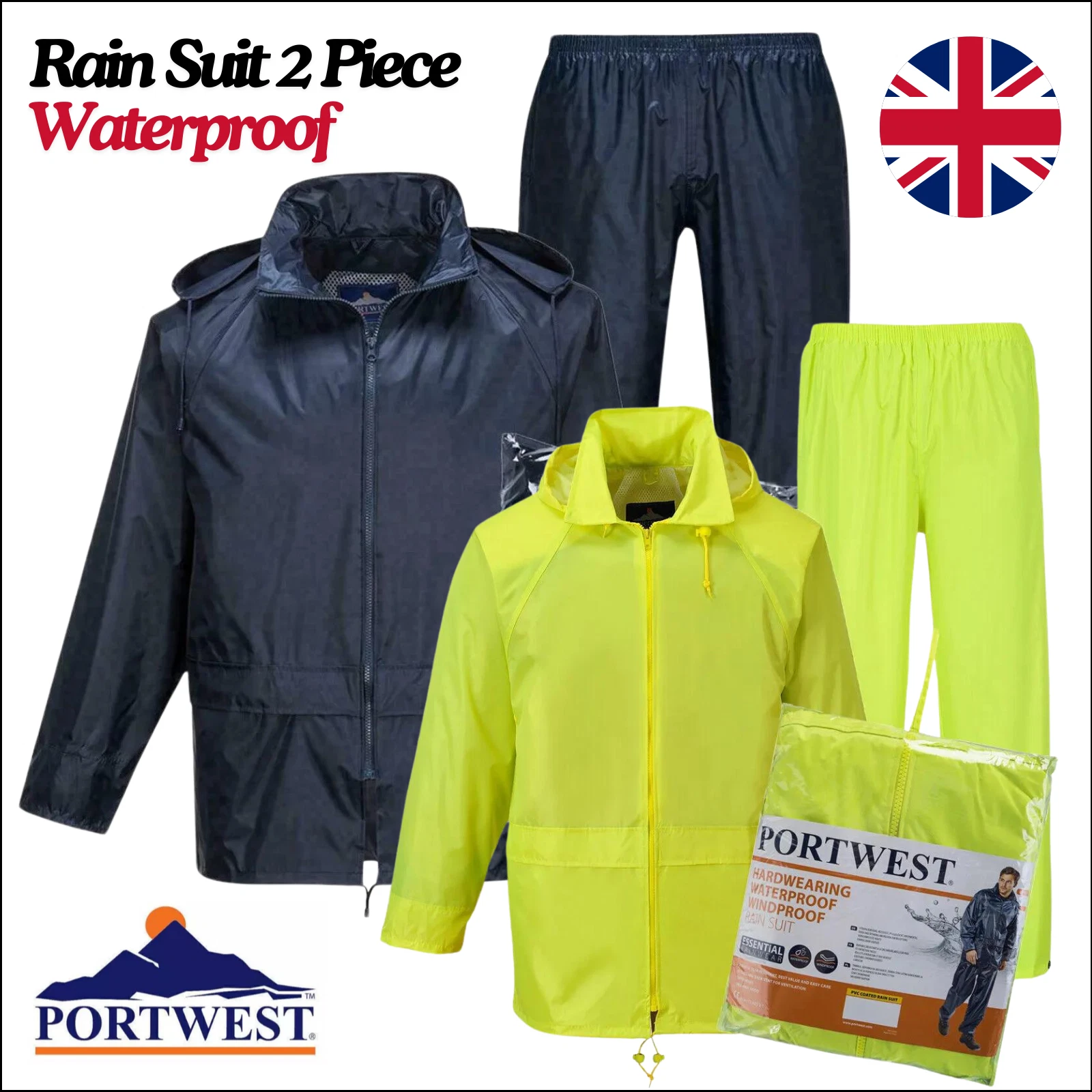 Unisex Mens Womens Rain Suit Waterproof Hooded Jacket & Trouser Set ( 2 Piece)