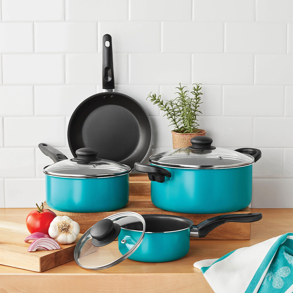 7 Piece Non-Stick Cookware Set Aluminum, Teal