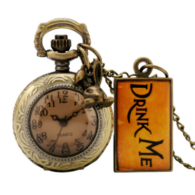 Bronze Drink Me Tag Anhänger Hase Unisex klein Quarz Taschenuhrkette