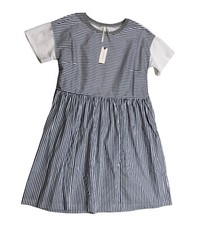 Anthropologie Blue Gray White Striped Fit & Flare Stretch Dress Small NWT O7