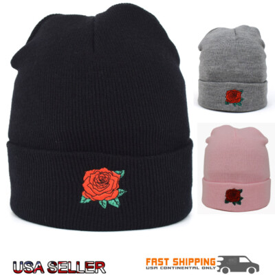 Rose Embroidery Red Rose Cuffed Beanie Skully Men Women New Knit Hat Winter Cap