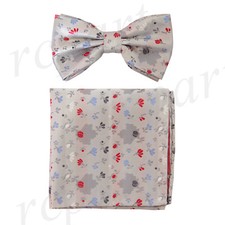 Men microfiber Pre-tied Bow Tie  hankie set Silver flowers formal wedding prom