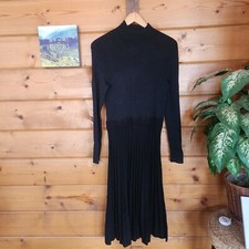 Nine West Black Metallic Pleated LS Knit Sweater Dress Mock Midi Pleated Sz Med