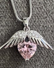 Love  Protection Inspired Pink Heart Angel Wings Silver Tone Beautiful Necklace