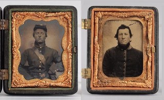2 Antique Civil War Artillery American Flag Case & Soldiers Tintype Photographs