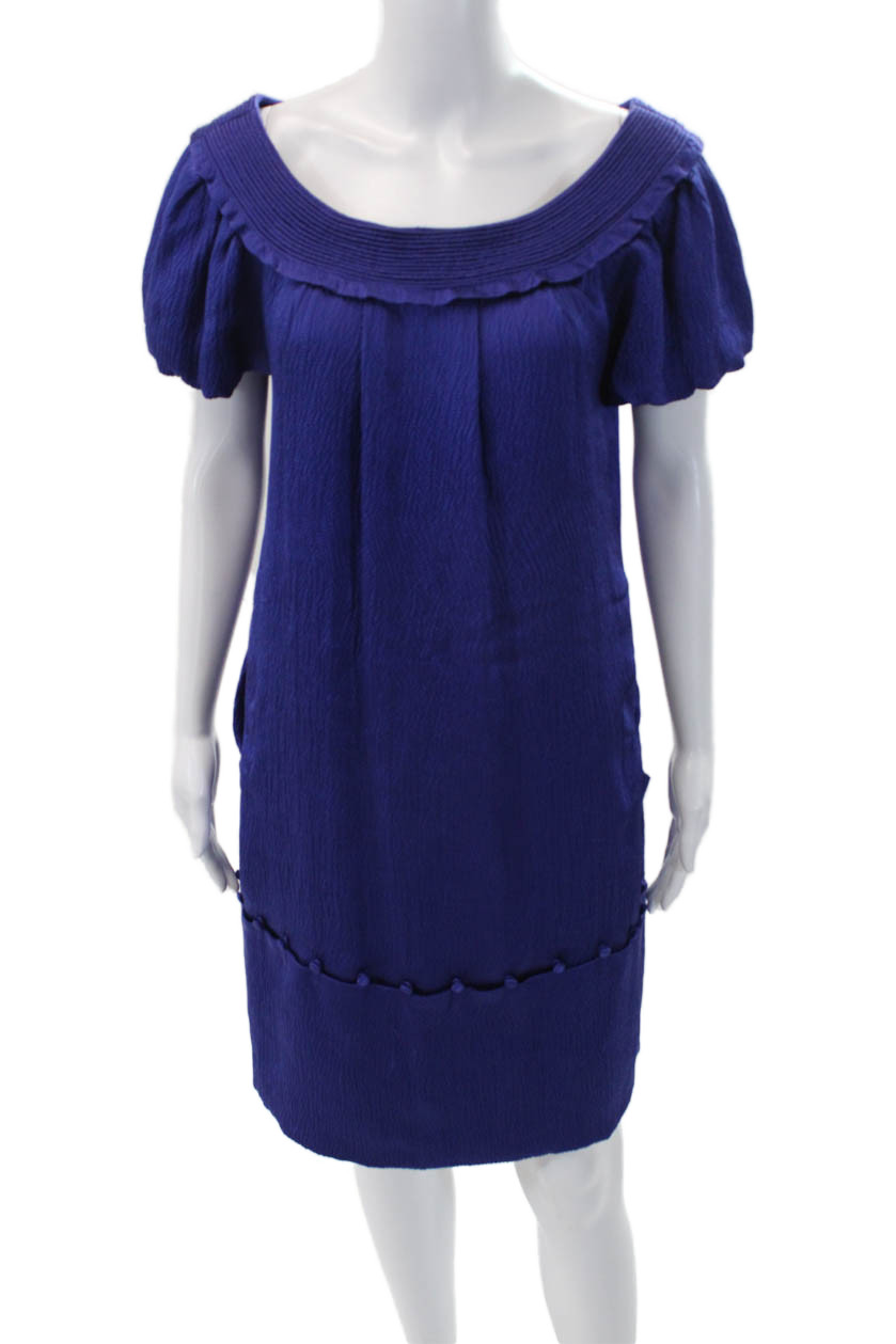 Lela Rose Womens Textured Short Sleeved Geometric Round Neck Dress Blue Size MFree Shipping in US $100+ Orders | $6.95 Orders Below