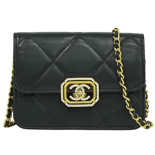 CHANEL Coco Mark Matelass Mini Flap Chain Shoulder Bag Pochette Leather Black