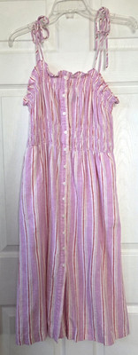 UNIVERSAL THREAD Pink Striped Midi Dress Smocked Button Front Linen Blend Size M