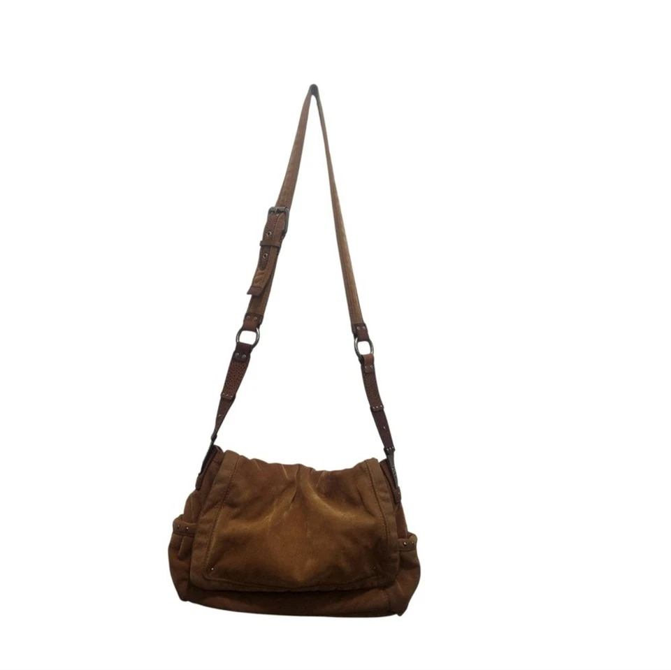 Bolso Bandolera Bandolera Bolso Mensajero Vintage FOSSIL Plegable Bronceado Cuero Gamuza Suave Foto 4 de 4