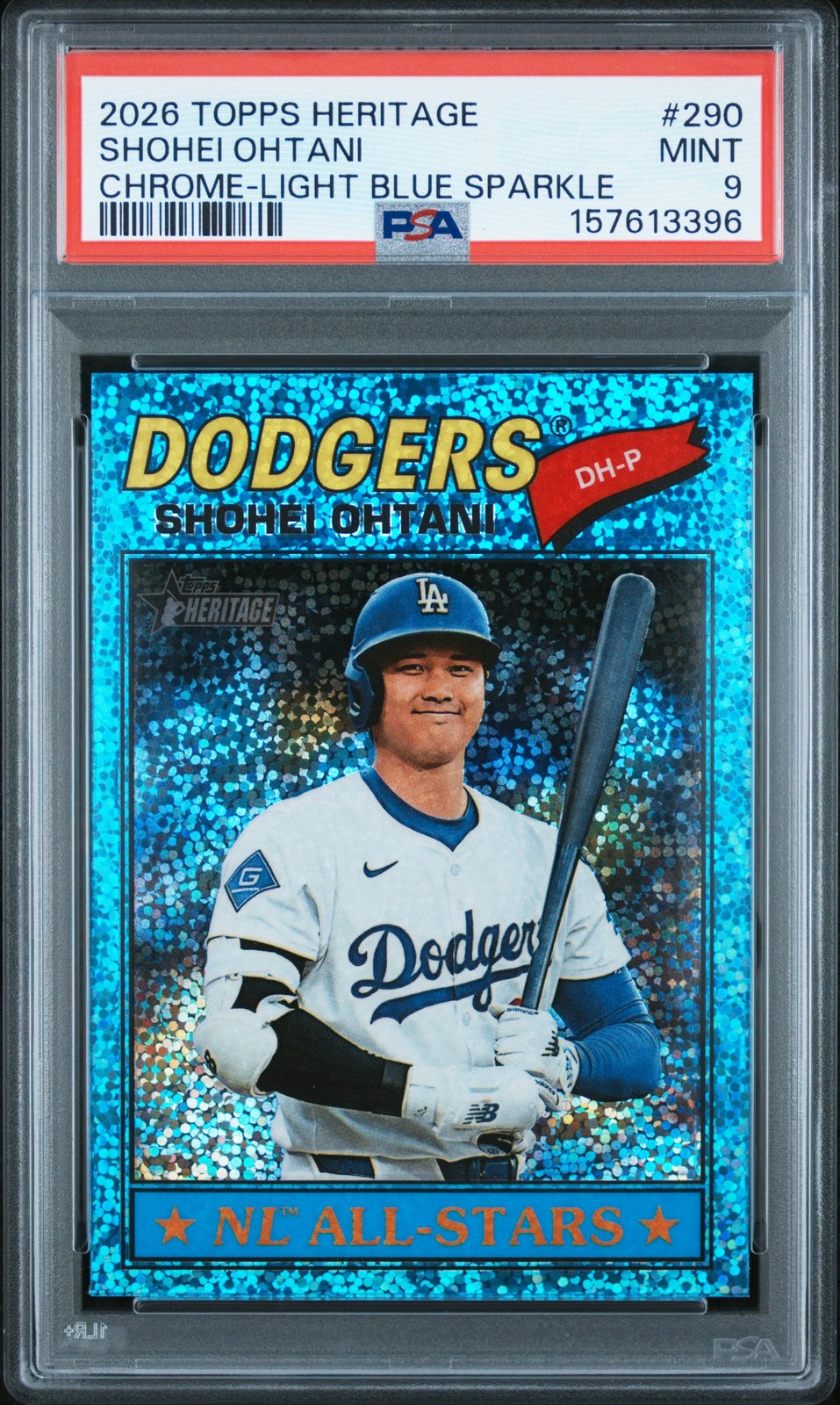 2026 TOPPS HERITAGE CHROME-LIGHT BLUE SPARKLE #290 SHOHEI OHTANI PSA 9
