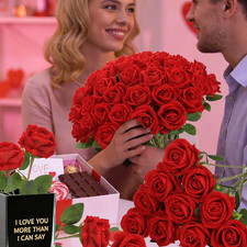 12Pcs Red Roses Artificial Flowers, Fake Velvet Silk Roses with Stems in Bulk, F