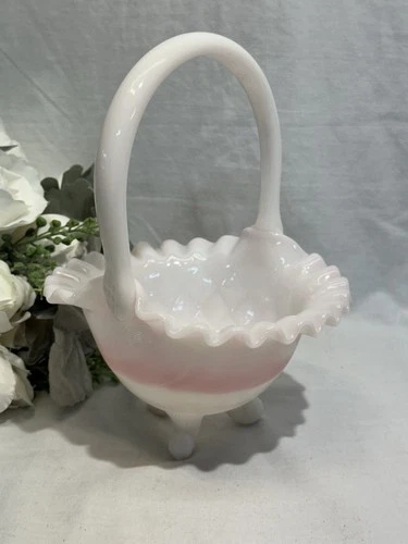 Vintage Fenton Pink & White Rosalene Diamond Optic 3 Footed Basket 8435 - 9x7x6”