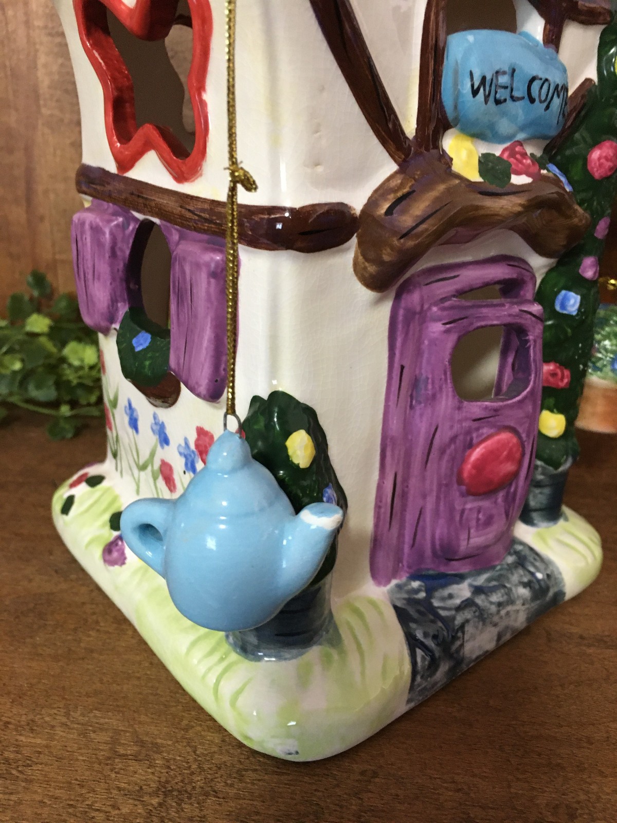 Imperfect Ceramic Cottage Tea Light Candle Holder Welcome Ornate 10.5" Tall Vtg.