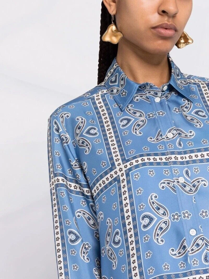 Sandro Carlota Silk twill Button-Up Shirt Sky Blue Paisley Print cowboy SS22 SZ1