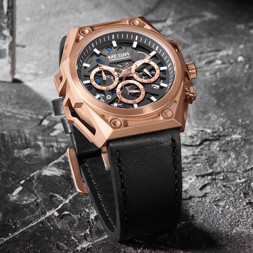 MEGIR Men Chronograph Watch Military Luxury Genuine Leather Business Wristwatch - Picture 6 of 15