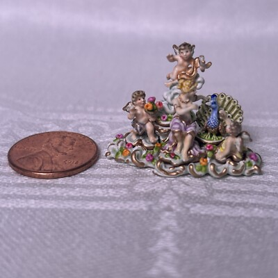 #ad Zadar 203 PORCELAIN SET Base 3 Cupids Lady Peacock Minatures Doll House $570.00