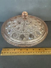 INDIANA GLASS WINDSOR PINK PEACH BALLAD CANE & BUTTON COVERED CANDY DISH VTG