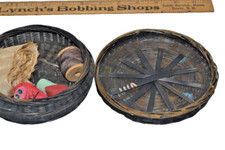 antique sewing basket split willow w/contents small hand painted top 1940s