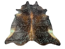 Dark Brown Cowhide Rug with Green Turquoise Acid Washed Size: 7.7x6.5 feet D-169
