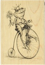 Inkadinkado Whimsical Frog Prince on Bicycle Red Rubber Wood Stamp 2.75'' x 4"