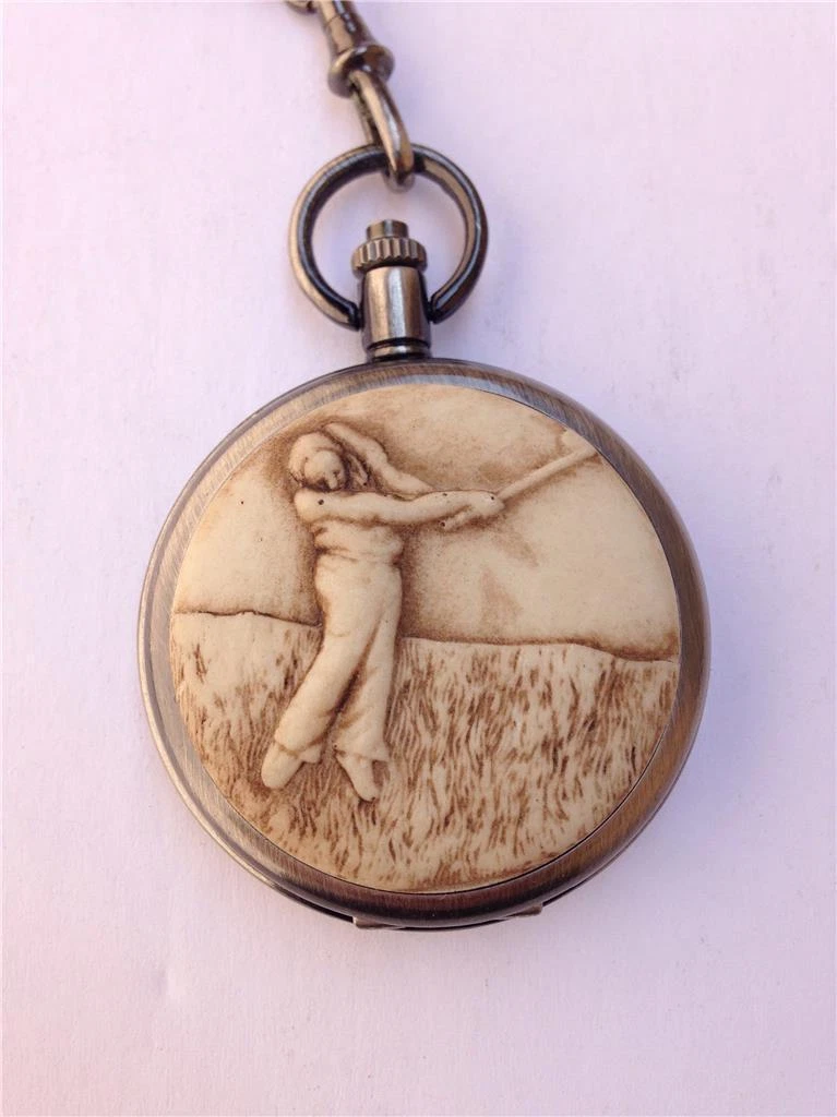 Bazzato Golfer Theme Hunter Style Quartz Pocket Watch with Chain Fob