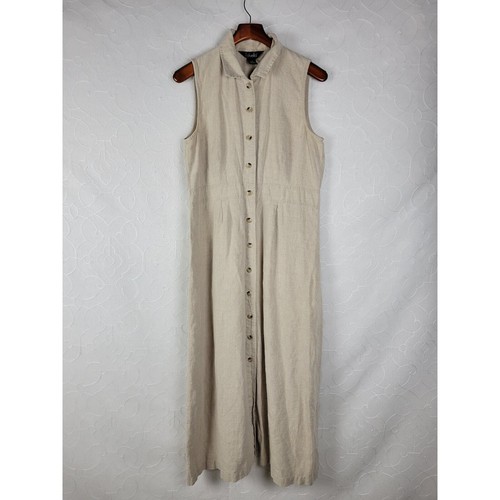 Rafaella Shirt Dress 12 Beige Linen Maxi Button Down Sleeveless Collared Casual