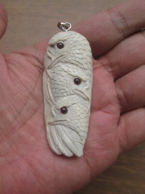 Eagle Group Carved Bone Pendant from Deer Antler Set with Garnet & Silver Bale