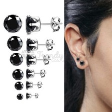 Mens Ladies Unisex Black Cubic Zirconia Sleeper Studs Earrings Piercing 3-10MM