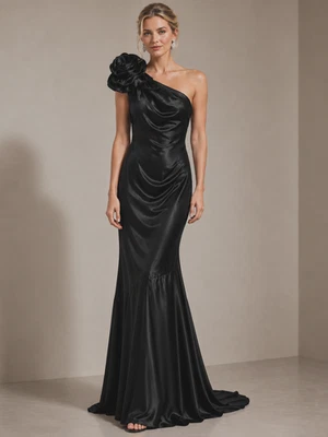 Women's Black Satin One Shoulder Gown Bow Ruched Fishtail Hem Dress Size 14 - image 1 of 4