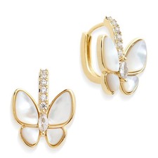 Dainty Small Butterfly Rhinestone Hoop Earrings for Woman, 14K Gold Plated Cute