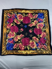 Floral Silk Square Scarf Designer 30  x30  Shawl Black Gold Red Blue