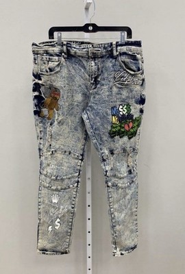 CivilizeD Mens 40x32 Jeans Embroidered Design Light Denim Printed Graphic Pant
