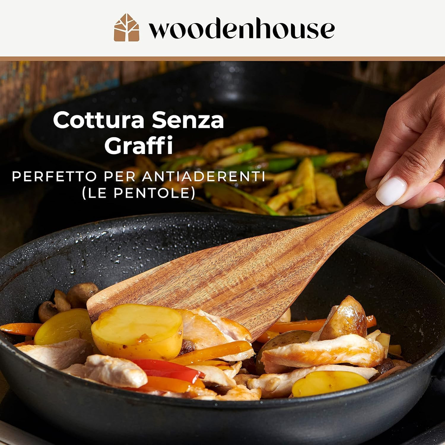 Set Utensili Cucina Legno Teak 6 Pezzi | Mestoli e Schiumarola Wok - 3