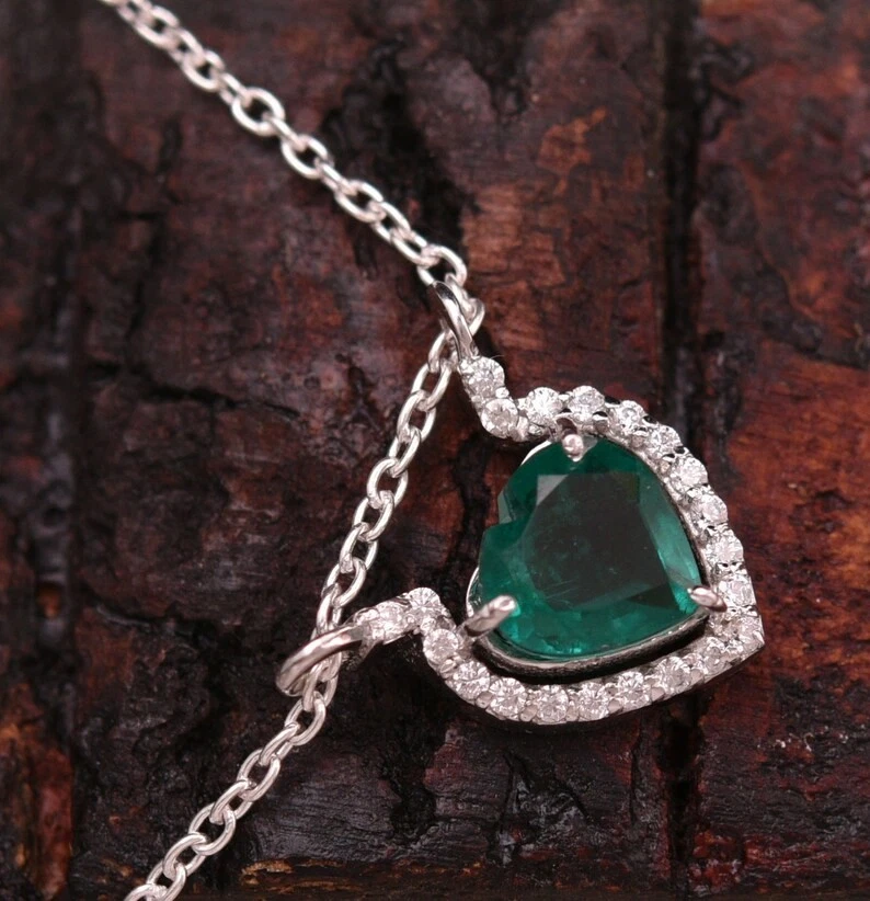 Gold Lab Grown Emerald Heart Necklace: Diamond Halo Pendant Wedding Gift Her - Image 2 of 3
