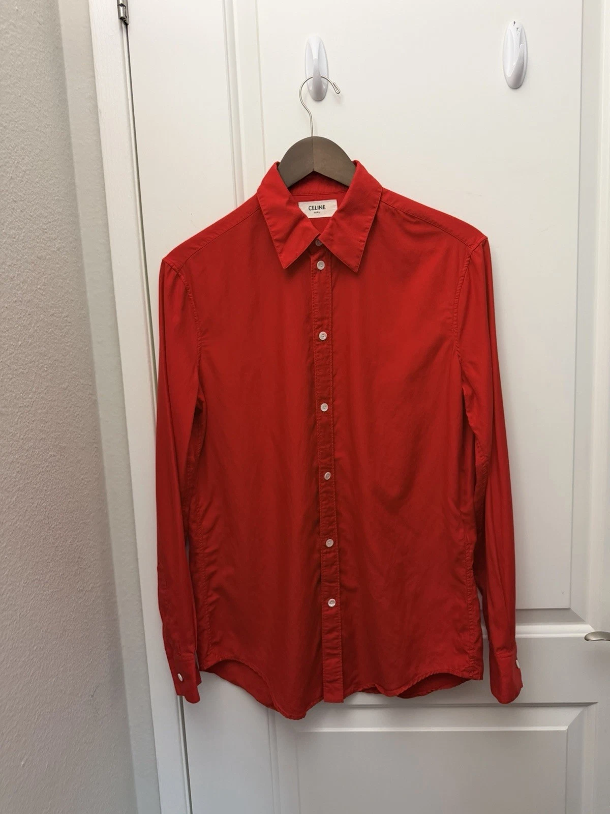 Celine — Celine × Hedi Slimane SS20 Men Runway Red Cotton Viscose Twill Shirt Italy S#332