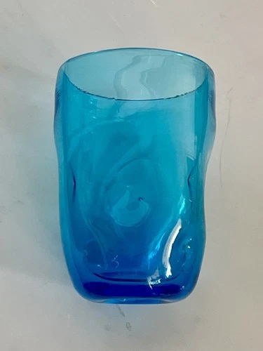 Blenko, Hand Blown teal blue Glass Tumbler Dimpled 4”