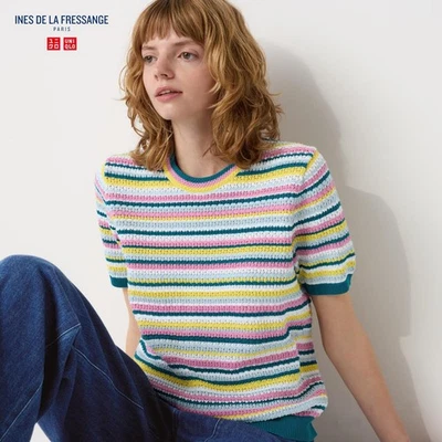 UNIQLO x INES DE LA FRESSANGE Pointelle Striped Crew Neck Short Sleeve Jumper XS - Image 1 of 4