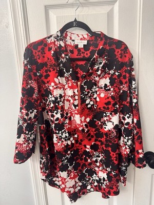 Jaclyn Smith Collection XL Red Black Floral Zip Neck Blouse 3/4 Sleeve Top