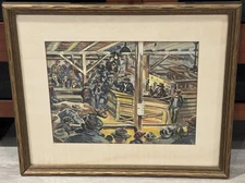 Wpa Style 1940S Original Watercolor Painting Livestock Auction By A. Campbell