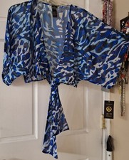 Kathy Ireland Bohemian Blue Black Beach Kimono Sheer Coverup, Short Size S NWT