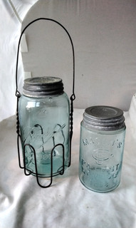 2 ANTIQ BLUE MASON'S CANNING JARS 1PT CFJ PATENT NOV 30th 1858 & 1 QT. W/CARIER