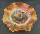 BEAUTIFUL VINTAGE CARNIVAL DUGAN MARIGOLD DOME FOOTED VINTAGE RUFFLED BOWL