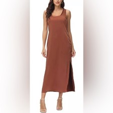 Frye Women's Large Maxi Slip Dress Rust Brown Satin Scoop Neck Side Slit