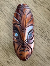 New Zealand Hand Carved Wood Maori Rotorua Koruru Mask Wall Sculpture Shell Eye