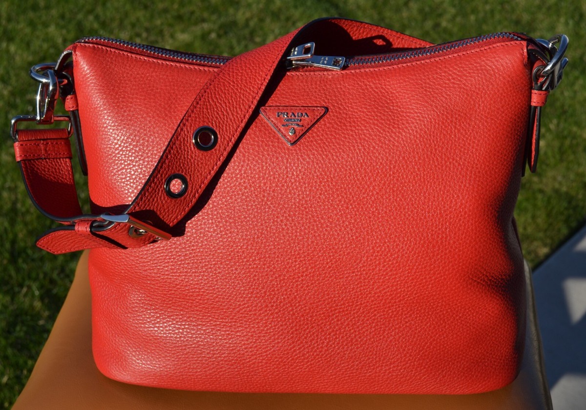 PRADA Rosso (Red) Vitello Daino Leather Zip Top Hobo Bag