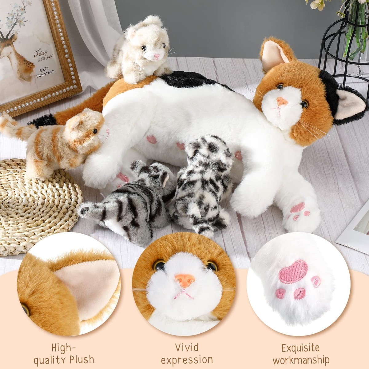 Nurturing Cat Stuffed Animal with Plush Kittens, for Girls and