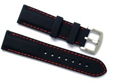 22mm Black Silicone Rubber Red Stitching Watch Strap Silver Buckle Quick releas