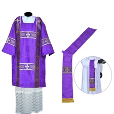 PURPLE Deacon Dalmatic Vestment, Stole & Maniple, Roman Dalmatic Chasuble, NEW